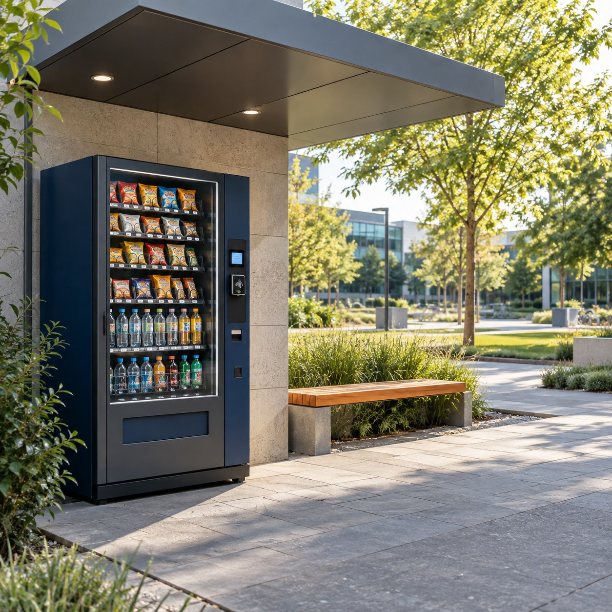 KI-Visualisierung: Snack- und Getränkeautomat an einem überdachten Außenstandort mit Sitzbank und Grünflächen